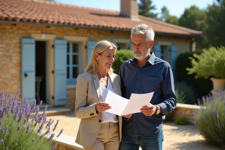 Couple de propriétaires examinant des documents immobiliers sur la terrasse de leur résidence secondaire en Provence avant une vente
