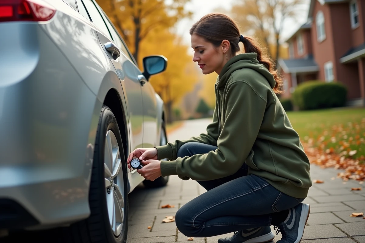 Femme vérifiant la pression des pneus de sa voiture dans une allée résidentielle en automne
