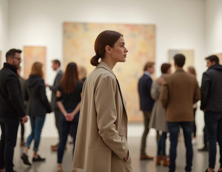 Femme contemplant une œuvre d'art abstraite lors d'un vernissage dans une galerie d'art contemporain minimaliste